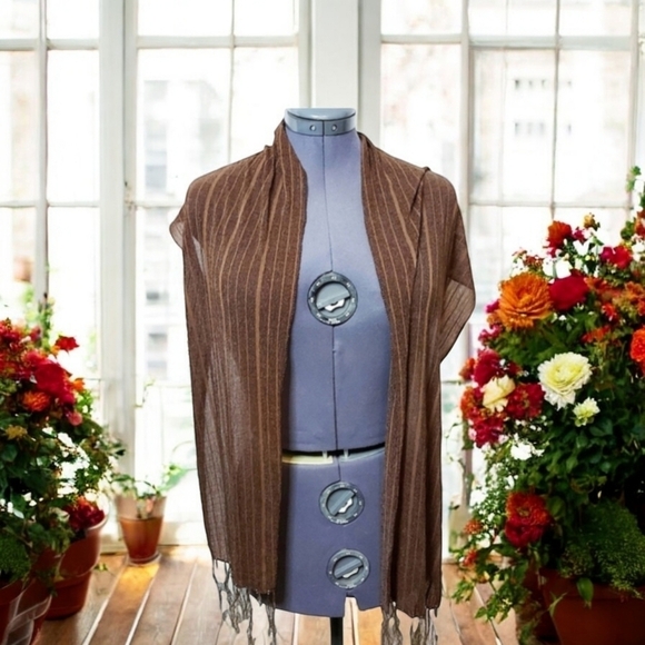 𝅺Vintage Sheer Brown Scarf With Gold Fringe 76×12" - Picture 2 of 5